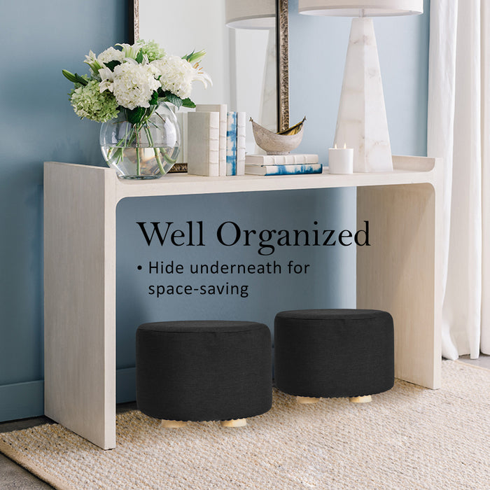 Danoz Direct 2X Fabric Ottoman Round Wooden Leg Foot Stool in elegant black! Versatile and stylish, adds a touch of sophistication to any room