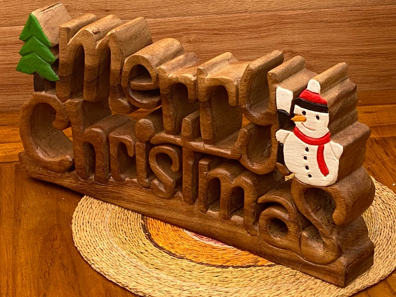Danoz Xmas🎅 Wooden carved Merry Christmas decoration 38 cm long with Tree and Star