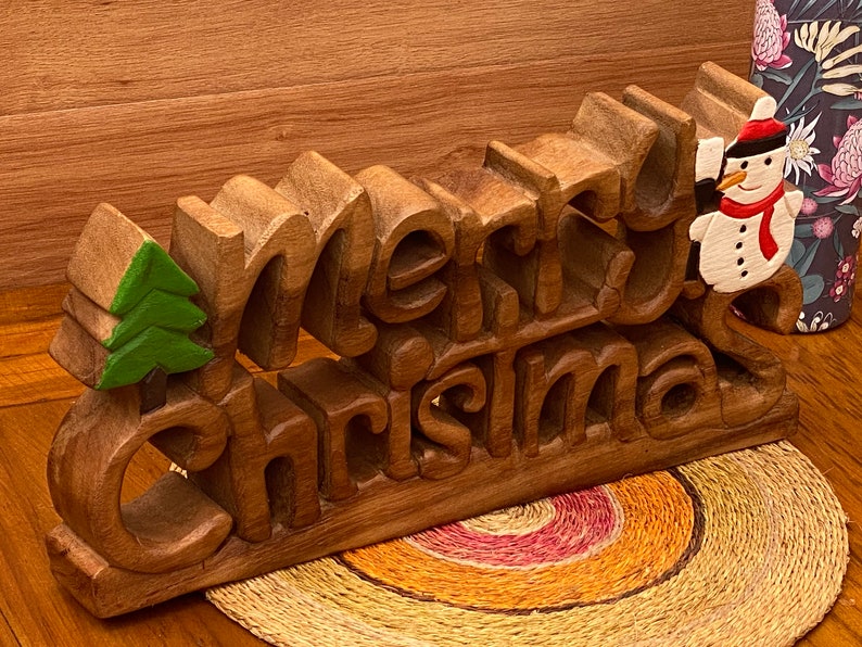 Danoz Xmas🎅 Wooden carved Merry Christmas decoration 38 cm long with Tree and Star