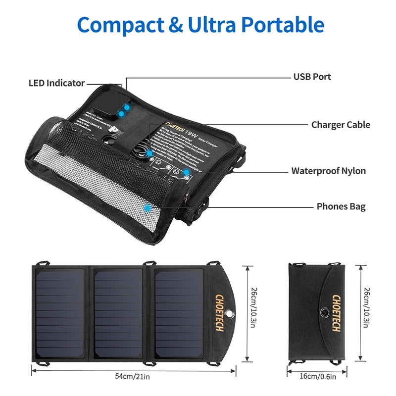 Danoz Direct - 19W Portable Solar Panel Charger SunPower Panels Dual USB Charger for Camping/RV/Outdoors