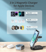 3-in-1 magnetic charger for Apple devices on a wooden surface with a blue background