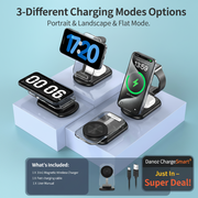 Multiple wireless chargers displaying different modes on a light blue background