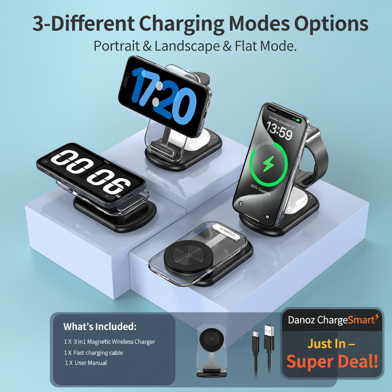 Multiple wireless chargers displaying different modes on a light blue background