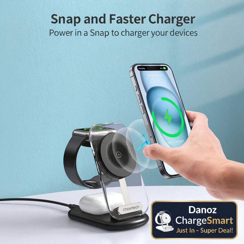 Multi-device charging stand with smartphone, smartwatch, and wireless earbuds on a light blue background.