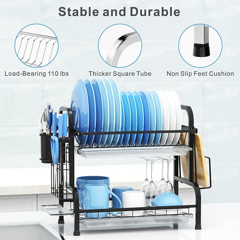 Danoz Direct - Dish Rack 2 Tier Dish Dryer Drainer Stainless Steel Dish Drying Rack Drip Trays Side Holder Kitchen Storage Save Space