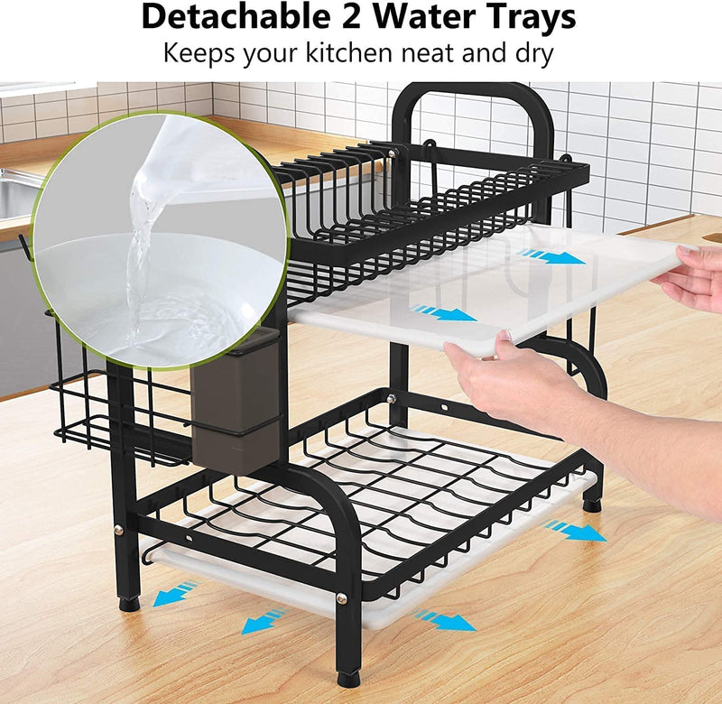 Danoz Direct - Dish Rack 2 Tier Dish Dryer Drainer Stainless Steel Dish Drying Rack Drip Trays Side Holder Kitchen Storage Save Space