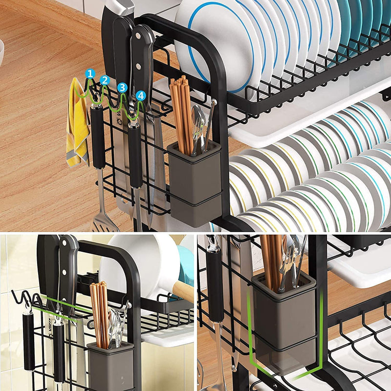 Danoz Direct - Dish Rack 2 Tier Dish Dryer Drainer Stainless Steel Dish Drying Rack Drip Trays Side Holder Kitchen Storage Save Space