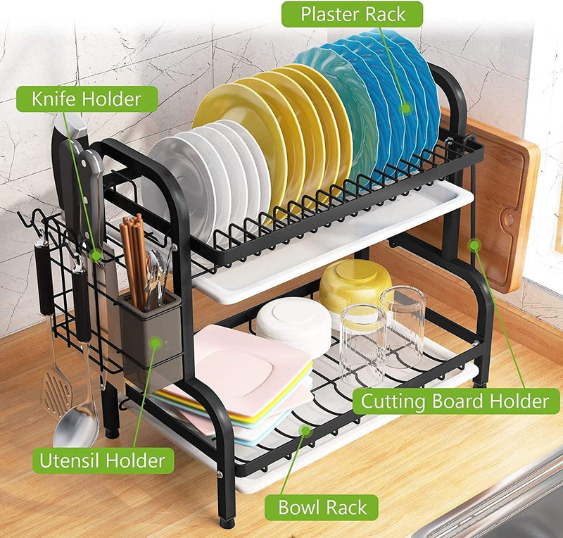 Danoz Direct - Dish Rack 2 Tier Dish Dryer Drainer Stainless Steel Dish Drying Rack Drip Trays Side Holder Kitchen Storage Save Space