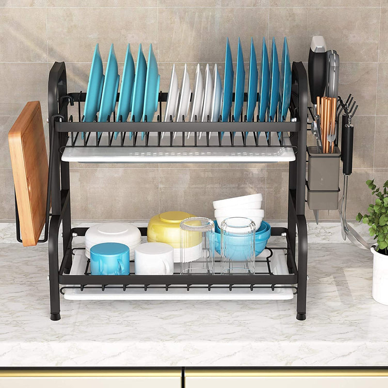 Danoz Direct - Dish Rack 2 Tier Dish Dryer Drainer Stainless Steel Dish Drying Rack Drip Trays Side Holder Kitchen Storage Save Space