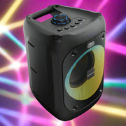 Black portable speaker with visible brand logo on a white background