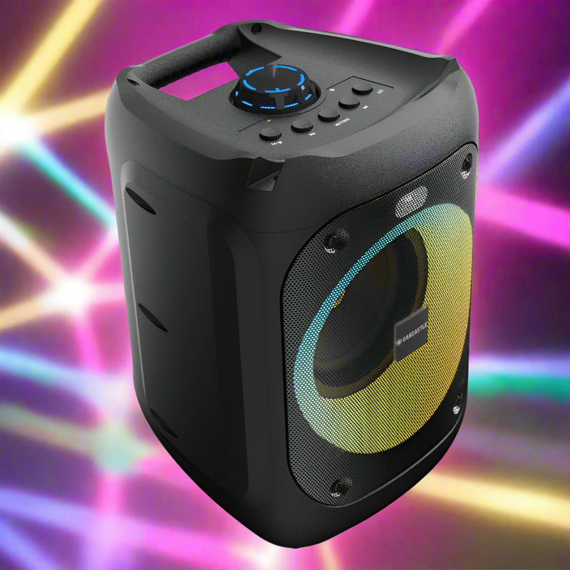 Black portable speaker with visible brand logo on a white background