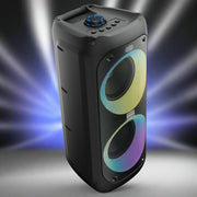 Black portable speaker with colorful LED lights on a white background