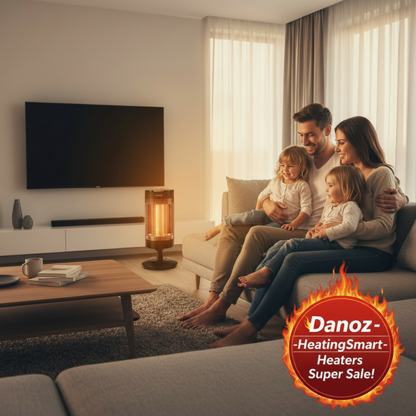 Family sitting on a couch in a living room with a Danoz HeatingSmart Heaters Super Sale logo.