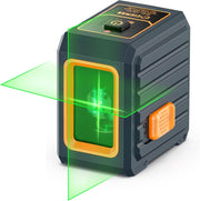 Green laser level with visible laser beam on a white background