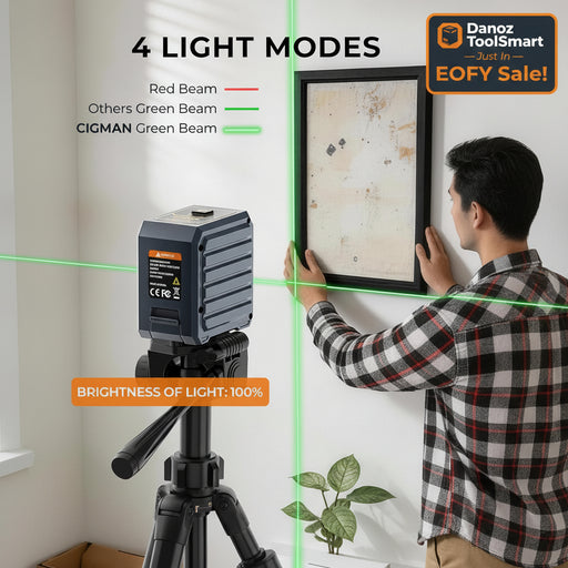 Person using a laser level with 4 light modes on a white wall.