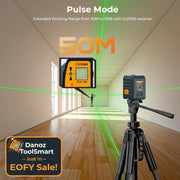 Laser level on a tripod with 'Pulse Mode' text and range information in an indoor setting.