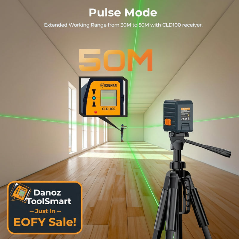 Laser level on a tripod with 'Pulse Mode' text and range information in an indoor setting.