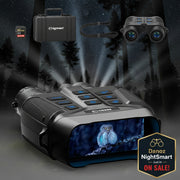 CIGMAN night vision device with screen displaying an owl, surrounded by accessories on a white background.
