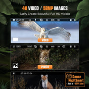 Display of a camera interface with 4K video, 58MP images, and playback of animals.