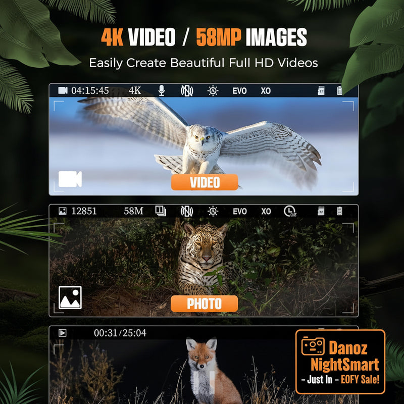 Display of a camera interface with 4K video, 58MP images, and playback of animals.
