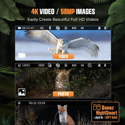 Display of a camera interface with 4K video, 58MP images, and playback of animals.