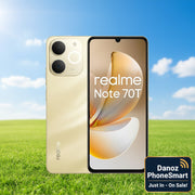 Gold smartphone with 'realme Note 70T' branding on a white background