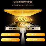 Smartphone with 6000mAh battery and fast charging capabilities on a black background