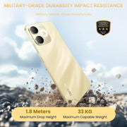 Gold phone case with durability features on a rocky background