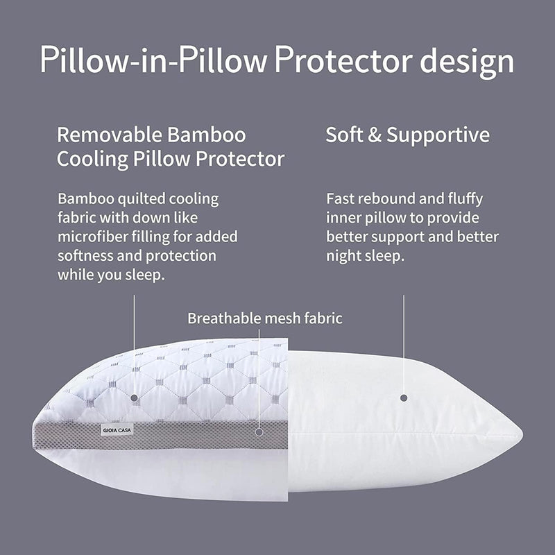 Danoz Pillows - Gioia Casa Premium Bamboo Cooling, Buy 1 Get 1 More! Plush Down-Like Pillows - with Free 2 Quilted Pillow Protectors