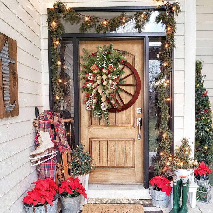 Danoz Xmas🎅 Christmas Red Wooden Wheel Wreath Front Door Hanging Garland Wall Decor(40*40cm)