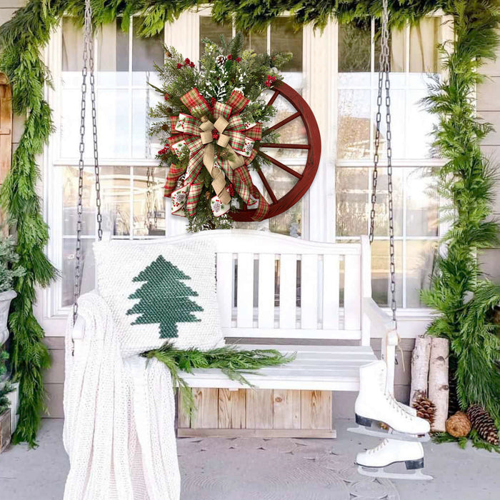 Danoz Xmas🎅 Christmas Red Wooden Wheel Wreath Front Door Hanging Garland Wall Decor(40*40cm)