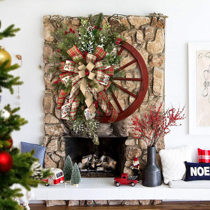 Danoz Xmas🎅 Christmas Red Wooden Wheel Wreath Front Door Hanging Garland Wall Decor(40*40cm)