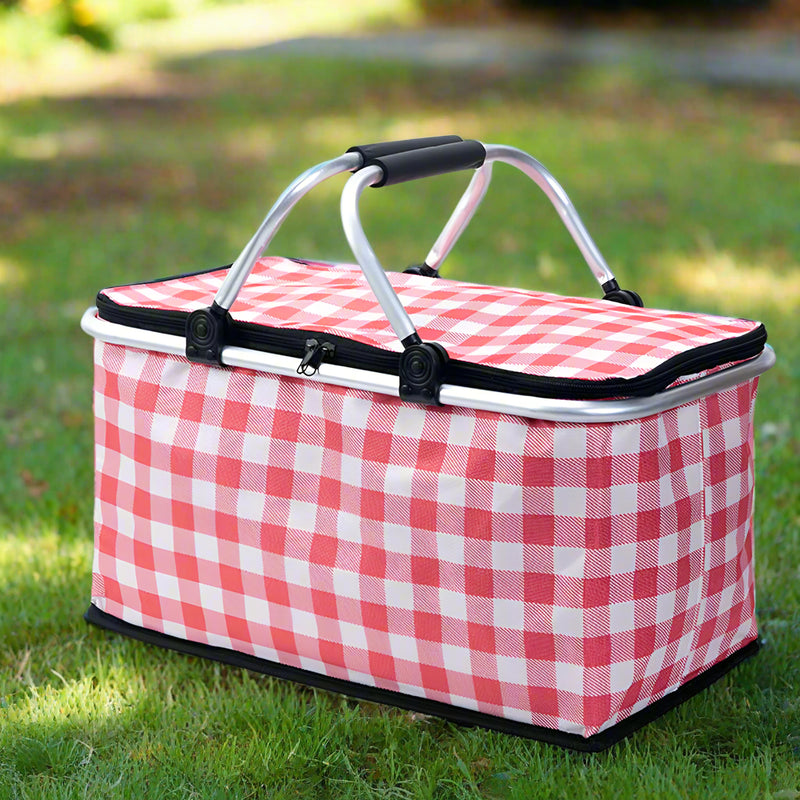 Collapsible Outdoor Camping Portable Insulated Picnic Basket Camping Picnic Ice Pack(Red Grid)