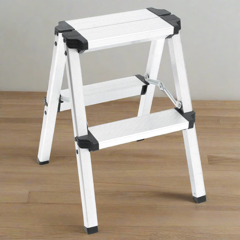 Convenience and safety with Danoz Direct 2-Step Portable Folding Ladder! Lightweight aluminum frame, anti-slip make it secure to use