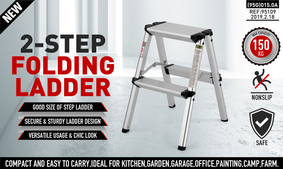 Convenience and safety with Danoz Direct 2-Step Portable Folding Ladder! Lightweight aluminum frame, anti-slip make it secure to use