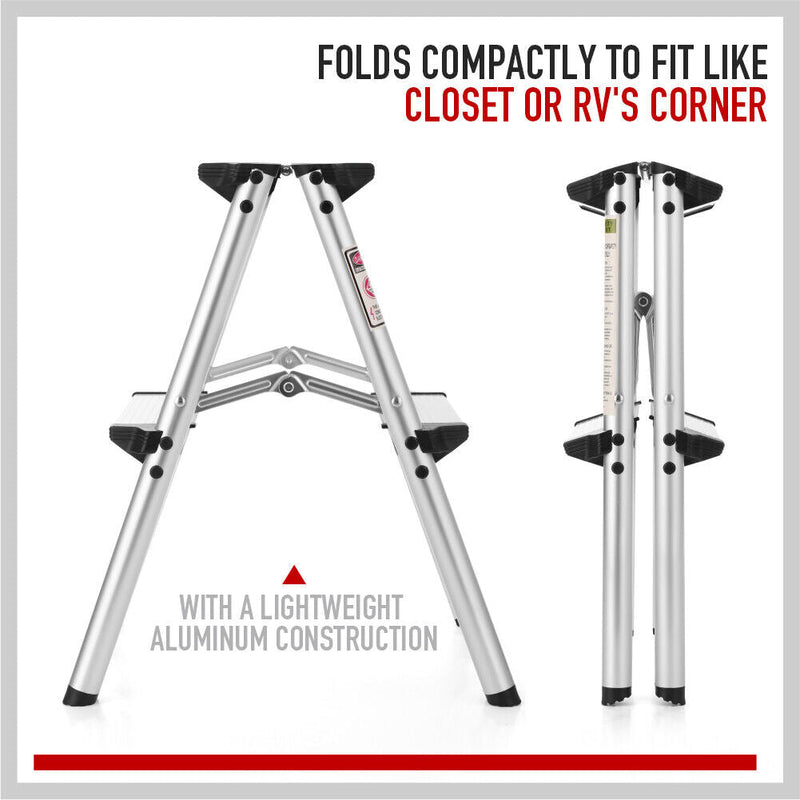 Convenience and safety with Danoz Direct 2-Step Portable Folding Ladder! Lightweight aluminum frame, anti-slip make it secure to use