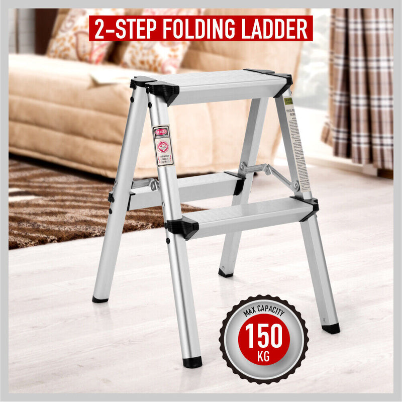 Convenience and safety with Danoz Direct 2-Step Portable Folding Ladder! Lightweight aluminum frame, anti-slip make it secure to use