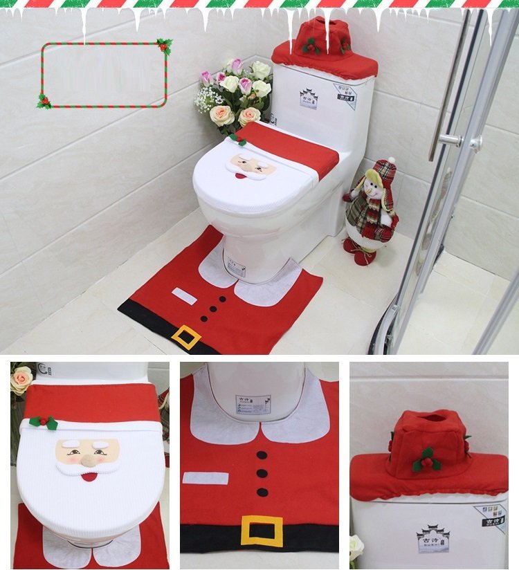 Danoz Xmas🎅 4pcs Christmas Toilet Seat Cover Rug Bathroom Set Santa Snowman Xmas Home Décor, Santa