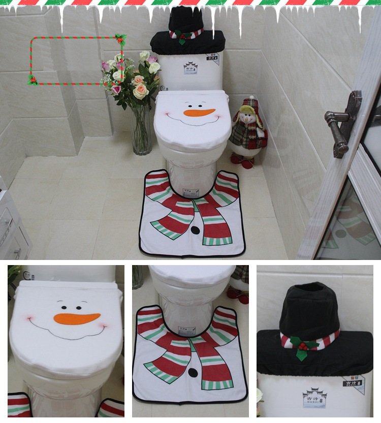 Danoz Xmas🎅 4pcs Christmas Toilet Seat Cover Rug Bathroom Set Santa Snowman Xmas Home Décor, Snowman A