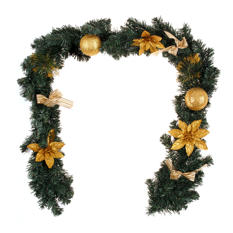 Danoz Xmas🎅 1.8m/6ft Christmas Pine Green Garland Gold Balls Flower Bows Xmas Hanging Décor, Gold, Green