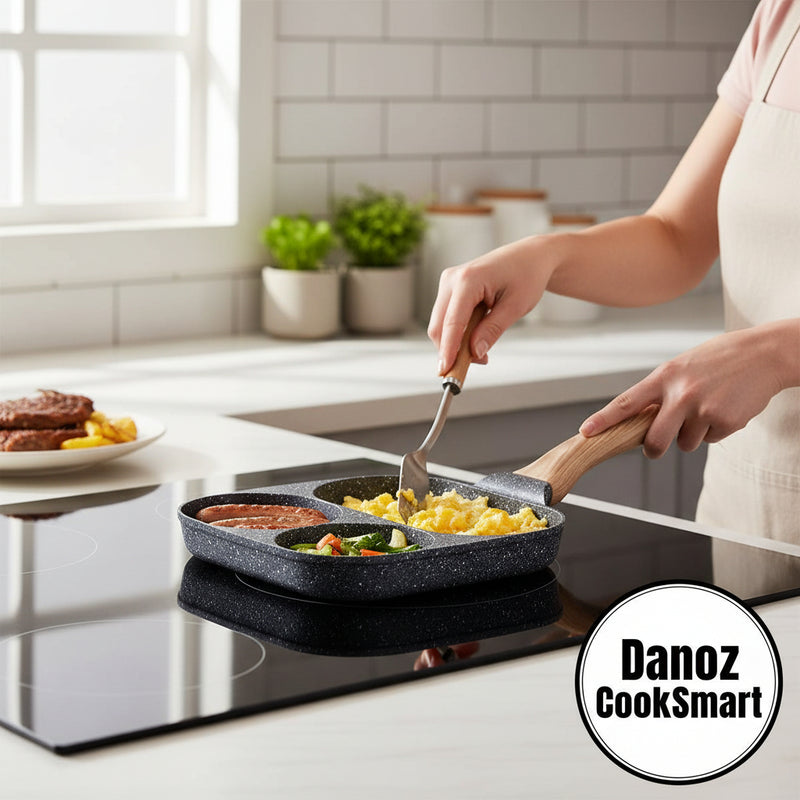 Master breakfast preparation with Danoz CookSmart Nonstick Three-in-One Eggs Frying Pan the versatile kitchen essential that simplifies your morning routine!