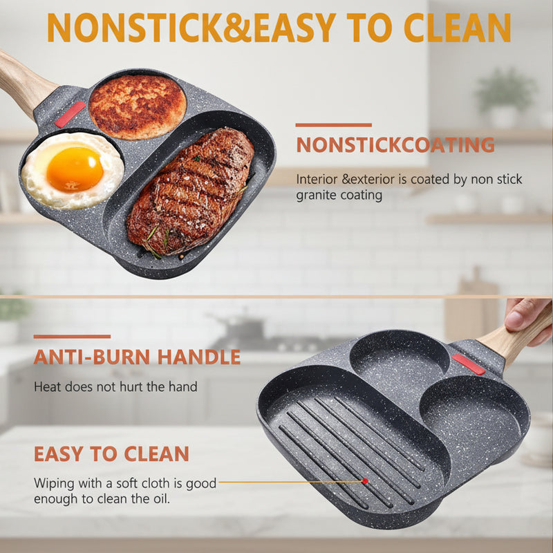 Master breakfast preparation with Danoz CookSmart Nonstick Three-in-One Eggs Frying Pan the versatile kitchen essential that simplifies your morning routine!
