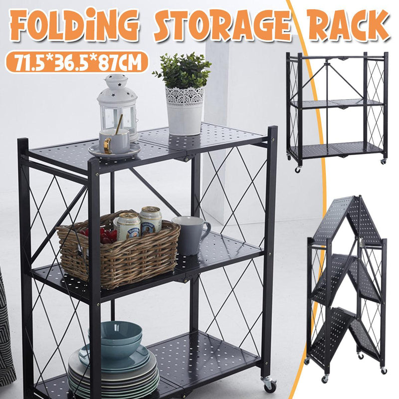 Danoz Kitchen - 3-Tier Black Foldable Kitchen Storage Rack No-Drill Microwave Oven Shelf Stand