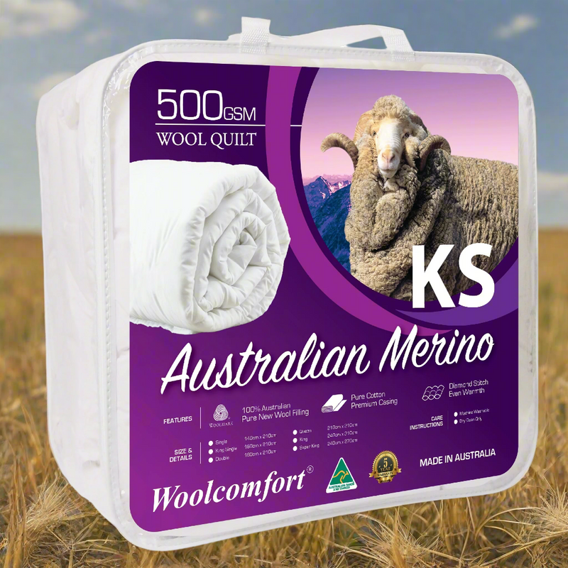 Danoz Beddings -  Woolcomfort Australian Made Merino Wool Quilt 500GSM 160x210cm King Single Size