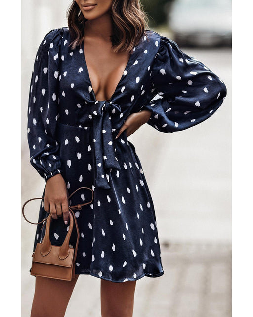 Azura Exchange Dot Print A-Line Dress with Deep V Neck and Balloon Sleeves - L