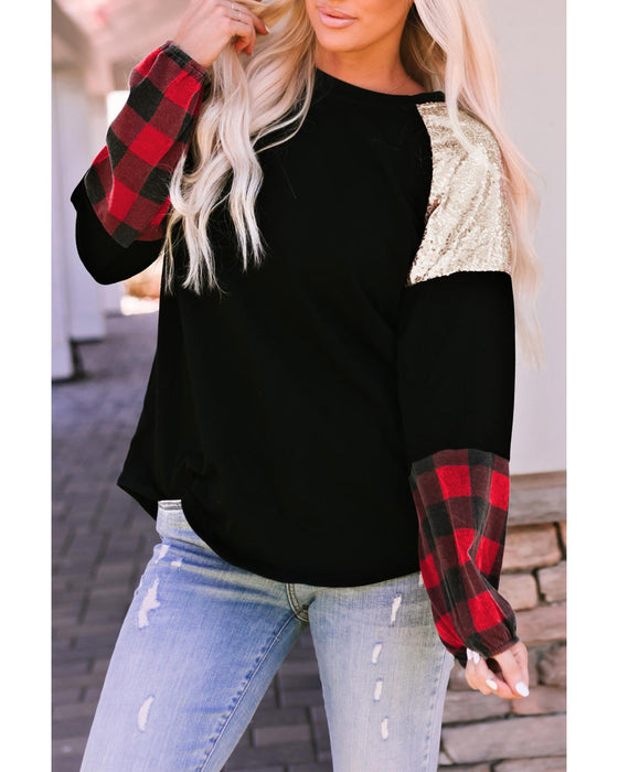 Azura Exchange Lantern Sleeve Plaid Sequin Pullover Sweatshirt - L