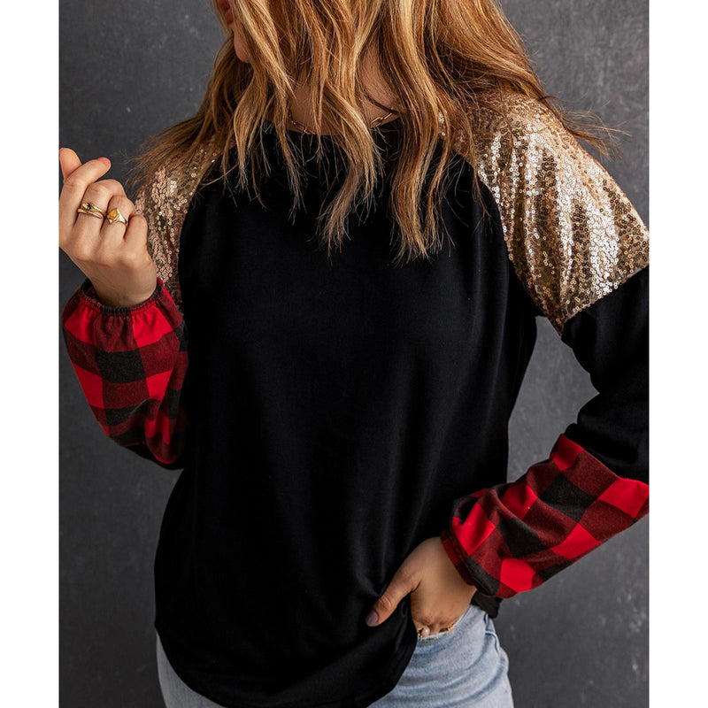 Azura Exchange Lantern Sleeve Plaid Sequin Pullover Sweatshirt - XL