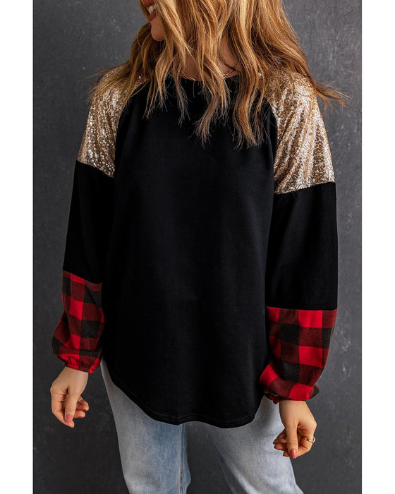 Azura Exchange Lantern Sleeve Plaid Sequin Pullover Sweatshirt - XL