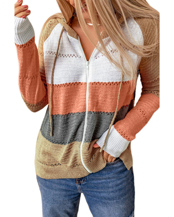Azura Exchange Zipped Front Colorblock Hollow-out Knit Hoodie - XL