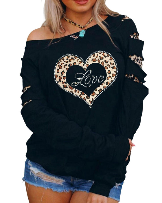 Azura Exchange Leopard Rhinestone Heart Graphic Sweatshirt - S